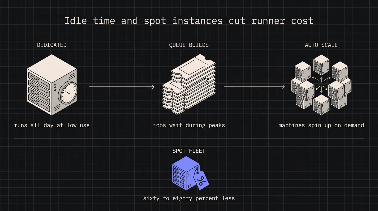 Diagram: Idle time and spot instances cut runner cost