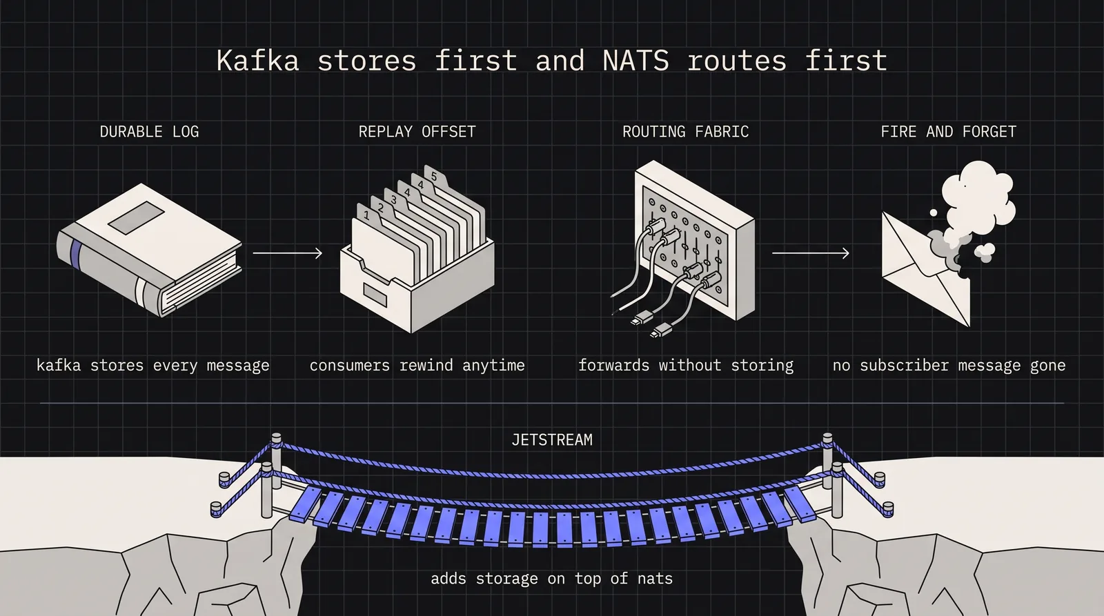 Diagram: Kafka stores first and NATS routes first